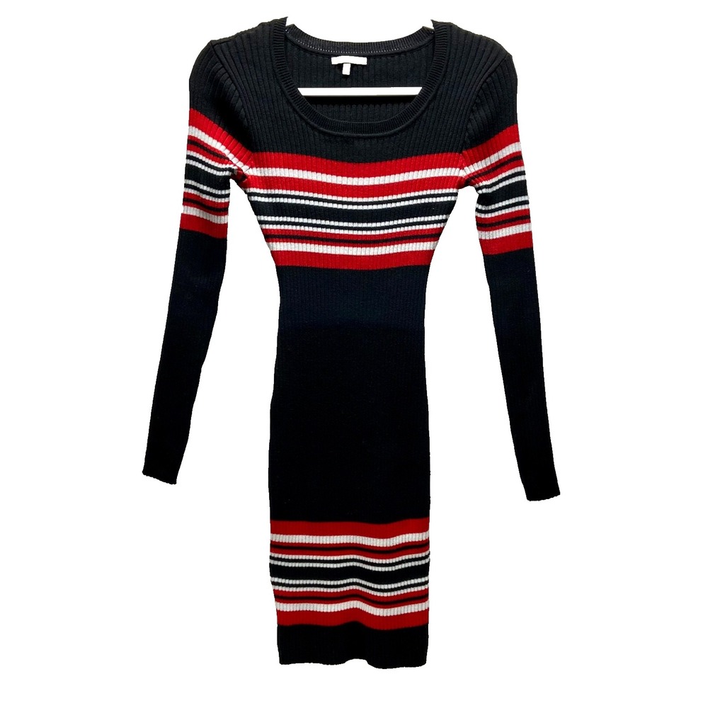 Vintage Charlotte Russe Sweater Dress Womens Large Black Red Stripe Rib Knit Y2K